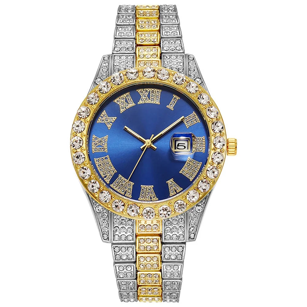 Hip Hop Luxury Men Calendar Watch Stainless Steel Gold Color Iced Out Paved Rhinestones Wristwatch Reloj Hombre