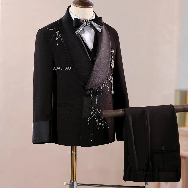 Boys Black Suit Three Piece Set Performance Gown Host Formal Wear Choir Stage Costume Birthday Party Evening Celebration Clothes