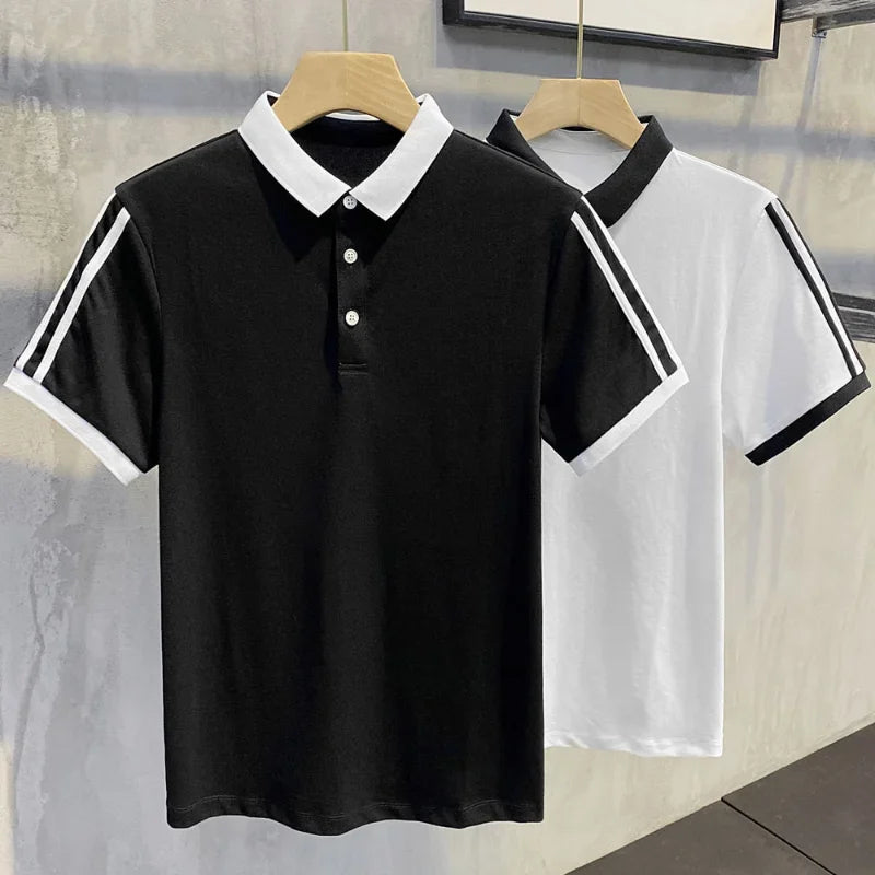 Clothes Black With Collar Male Tee Shirts Striped Polo Men's T-shirt New In Streetwear Ordinary Top Quick-drying Trend Popular