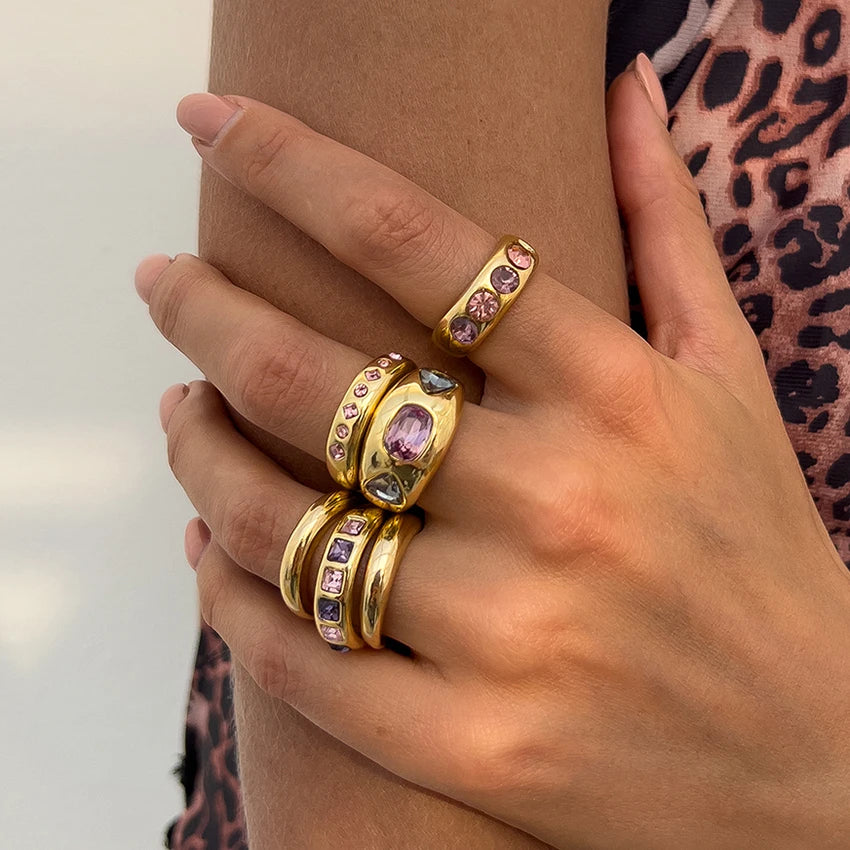 Salircon 6Pcs/set Inlaid Purple zircon Adjustable Opening Ring Set Women Smooth Gold Color Ring for Female Daily Jewelry Gift