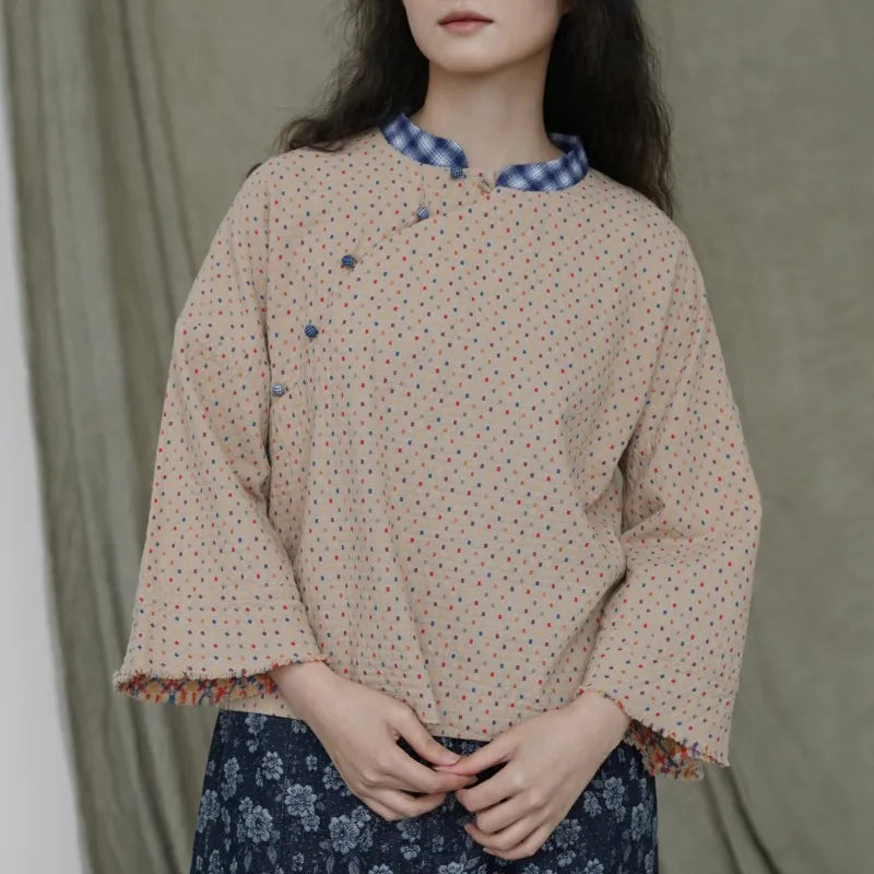 Johnature Women Vintage Cotton Shirts And Tops Polka Dot Stand Chinese Style Blouses 2025 Spring New Seven Sleeve Female Shirts