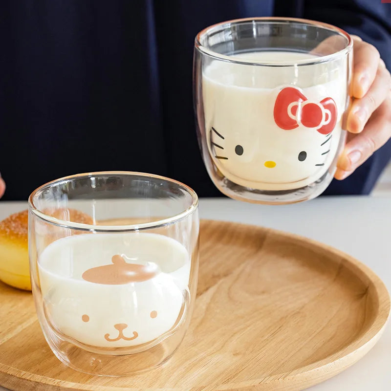 l helloKitty Double Layered High Borosilicate Glass Cup for Girls and Children 300ml Double Layered Glass Cup