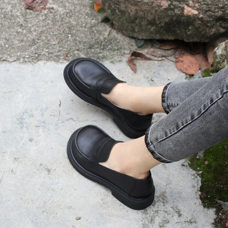 Large Head Genuine Leather Shoes Retro Large   Toe Cow Leather Women's Shoes Lefu Shoes