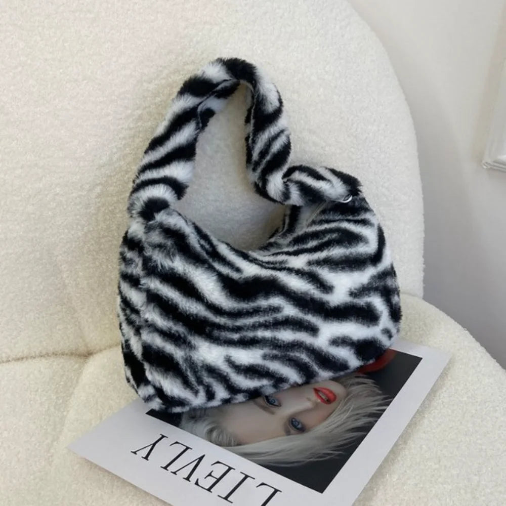 Women'S Winter Shoulder Bag Fashion Soft Plush Solid Color Zebra Leopard Pattern Underarm Bag Korean Ladies Handbags New 2025 - Free Items Weekend.
