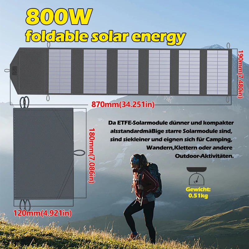 Heavy-Duty 800W Portable Solar Charger with High-Speed USB-C & USB-A Ports Ideal for Charging Power Stations Off-Grid