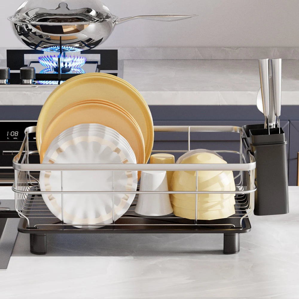 Kitchen Countertop Stainless Steel Dish Drying Rack, Large Capacity Dish Drainer With Utensil Holder, Single/Double Tier