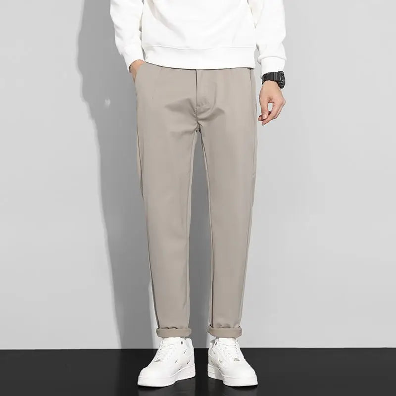 Men's Khaki Casual Trousers Slim Fit Tapered Leg Business Daily Pants