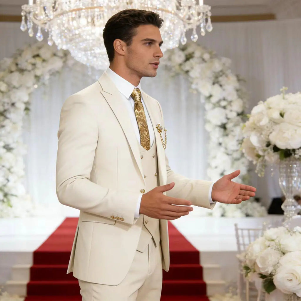 Men's 3-Piece Suit Set Classic One Gold Button Slim Fit Blazer Vest Pants Formal Business Wedding Wear