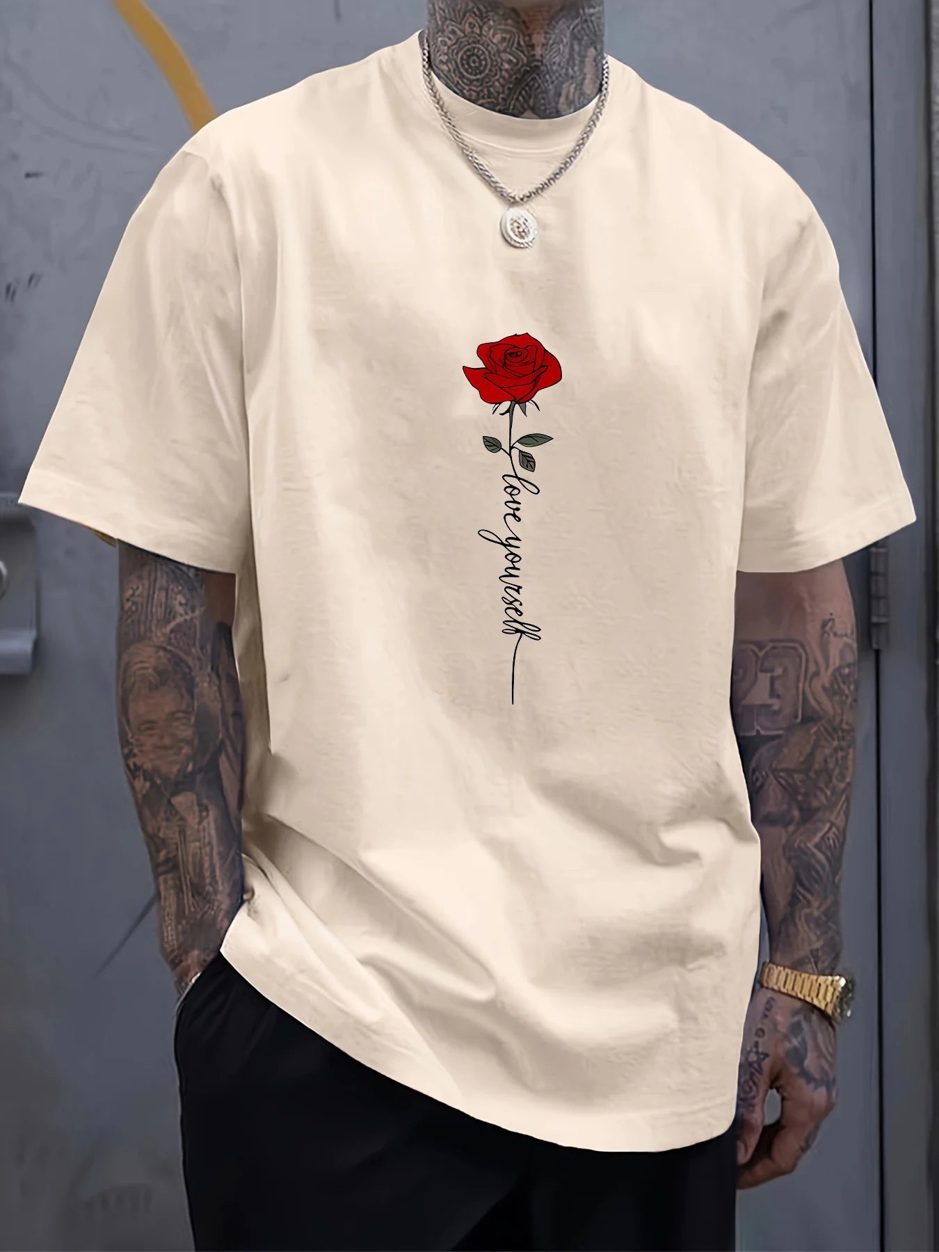 Men's summer 100 cotton fashionable casual sports loose red rose pattern printed round neck short sleeved T-shirt top