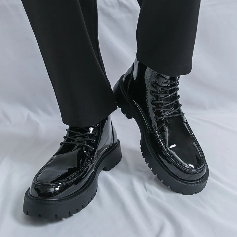 Men High Top Boots with PU Round Toe  Lightweight Sole Comfortable Fashionable Classic Casual Lace Up Side Zipper Men Boots