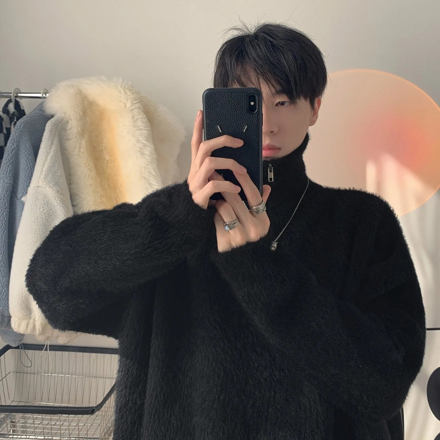 Half zip high neck sweater for men and women, loose and versatile. Knitted sweater for winter 2023, wearing a plush top on top