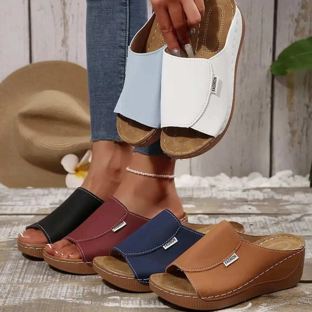 Ladies wear wedge heel sandals, solid color open toe thick soled shoes, summer comfortable slippers, ventilated and easy to wear