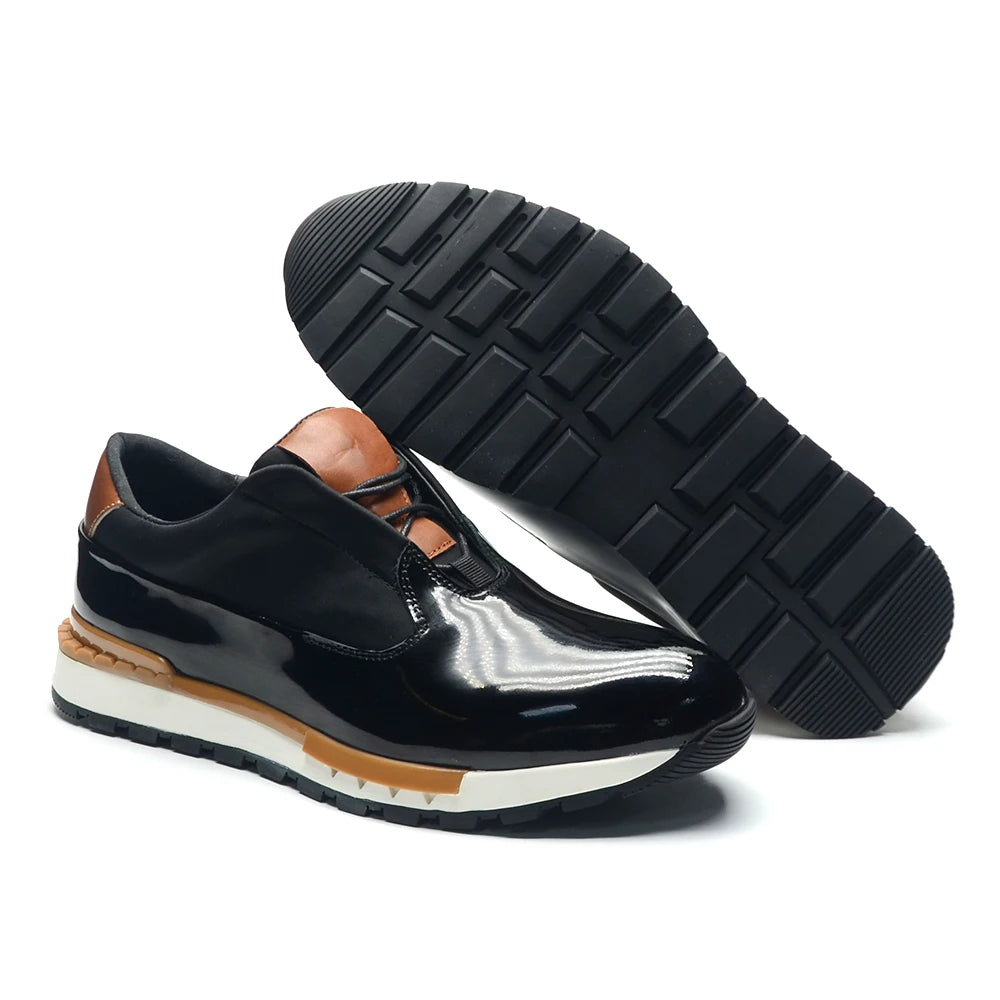 XEBOS Luxury Mens Oxford Sneakers Black Genuine Patent Leather Lace-up Non-slip Sole Smooth Office Party Casual Shoes for Men