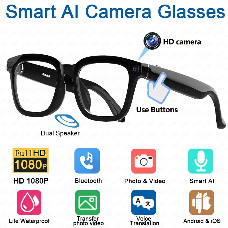 New AI Smart Glasses 800W HD Camera 1200P Video Recorder Waterproof Music Al Voice Translation Identify Pictures Smart Glasses