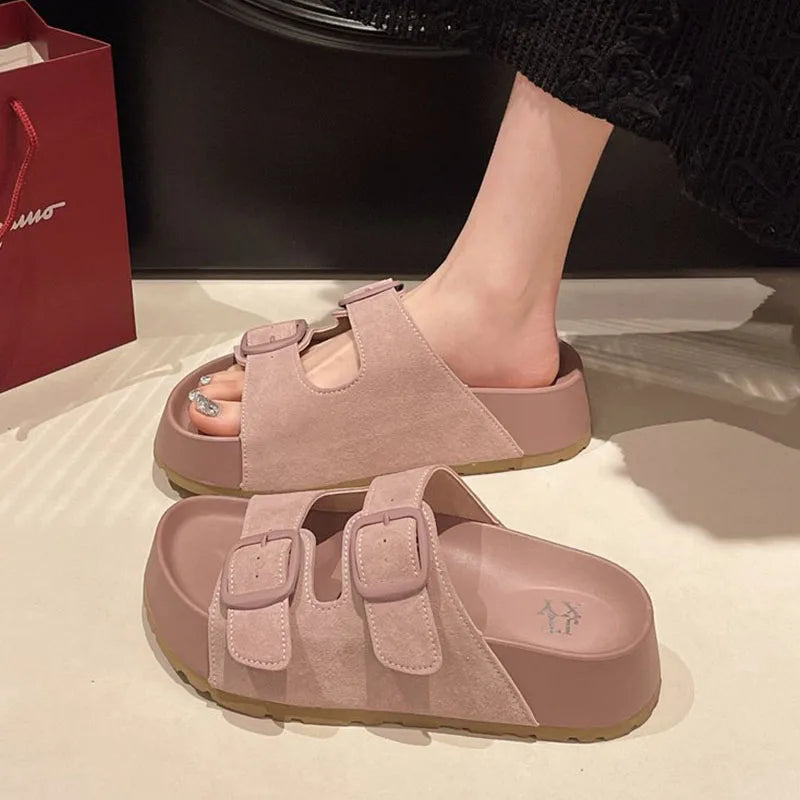 Smile Women Slippers Retro Trend With Buckle Slippers Summer Casual Women Shoes Comfortable Beach Slippers Round-headed Slippers