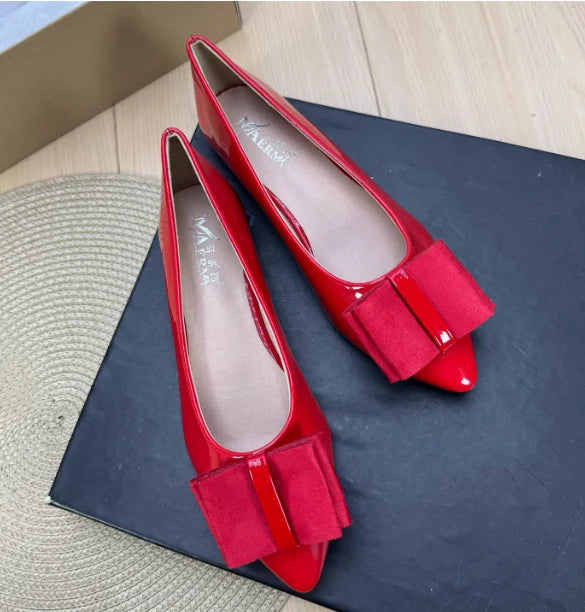 Women Shiny Leather Pointy Tip Slip-On Orange Green Flat Shoes Leathers Low Top Chaussures Bow 34 48 Skinny Shoes For Slim Feet