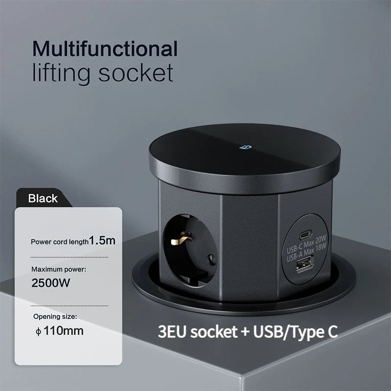 YINKA  Pop Up Table Socket Lifting Socket, USB Type-C Outlet, EU Socket, 15W Wireless Charge, Desktop Hidden Lifting Socket