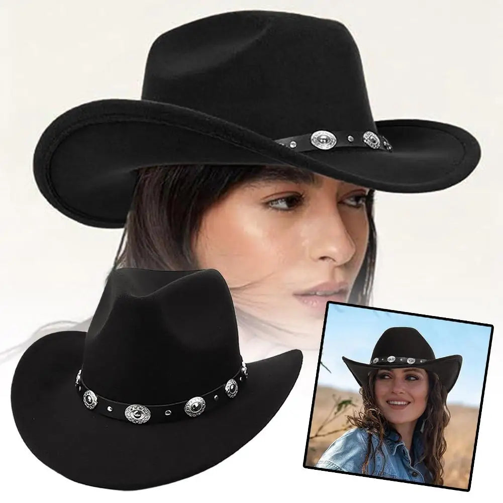 Vintage Western Cowboy Hat Comfortable Roll Up Brim Belt Buckle Cowgirl Fedora Cowgirl Church Sombrero Hombre Caps