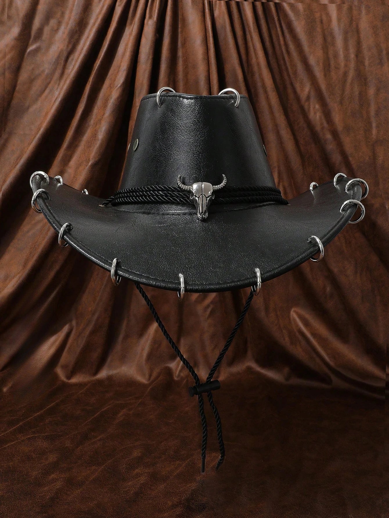 HongLuan Black Cowboy Adjustable Hat PU Leather for Man Travel Western Fashion Cowgirl with Bullhead Badge Outdoor Hats Woman