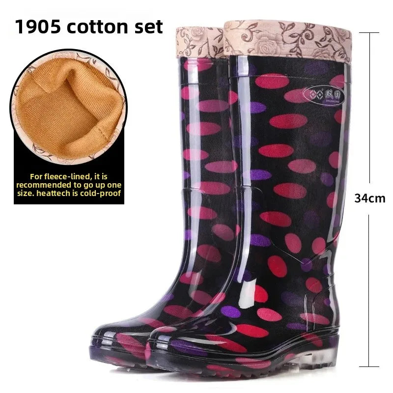 Anti-Slip High-Tube Crystal Flower Ladies Rain Boots PVC Material Kitchen Dining Hall Cleaning Fashionable Water Shoes