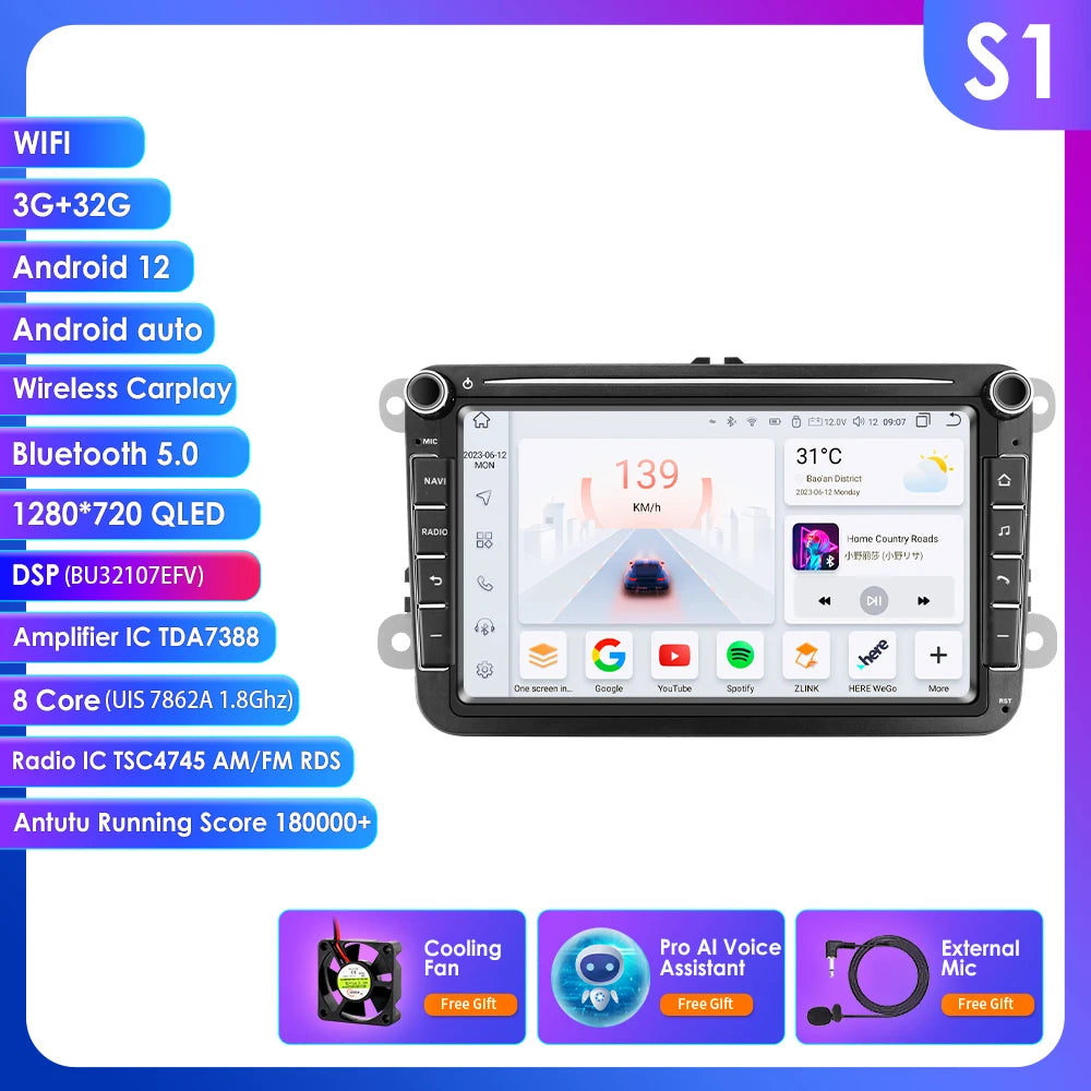 Hizpo 2Din 8'' Carplay 4G AI Systems Android 14 Car Radio forVolkswagen Golf 5 6 Polo Passat B6 B7 CC Skoda Jetta  Autoradio