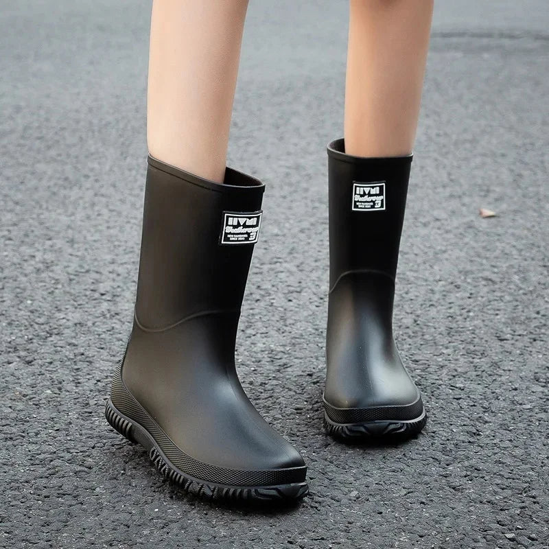 Fashionable Mid-Calf Women's Rain Boots Waterproof Slip-Resistant Thick Bottom Cute Outerwear PVC Material Low Heel Pure Color - Free Item Weekend (50% off).
