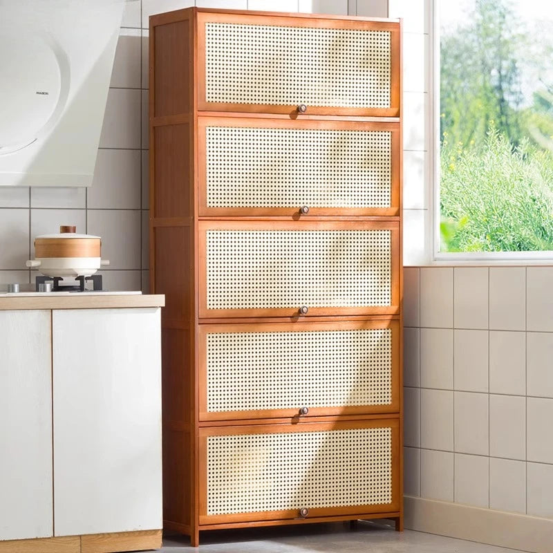 Kitchen Storage Cabinet with Handle, Mesh Door Microwave Oven Rack, Floor Standing Spice Organizer, Multi-Layer Tableware Shelf