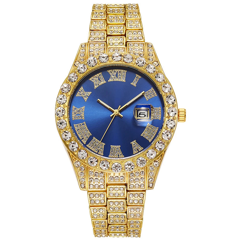Hip Hop Luxury Men Calendar Watch Stainless Steel Gold Color Iced Out Paved Rhinestones Wristwatch Reloj Hombre