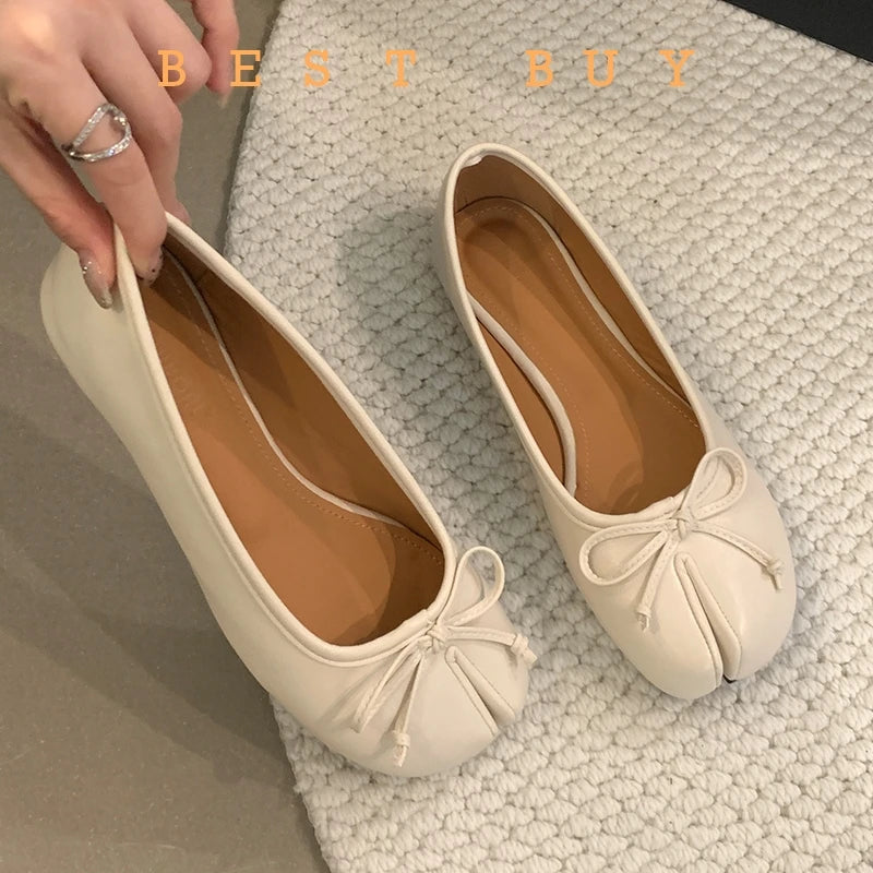 Tabi Shoes Ballet Falts Leather Ballerina Shoes For Women Split Toe Flats Tabi Shoes Slip On Soft Bottom Moccasins with Bowress