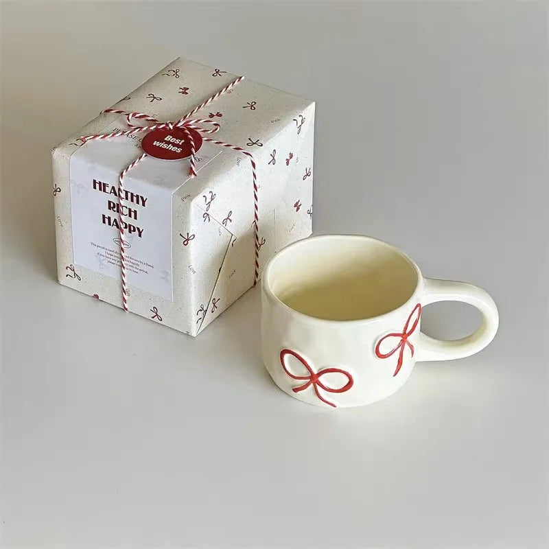 Handmade Irregular Mug, Pink Three-dimensional Bow Coffee Cup, Artistic Niche Mug Gift Ceramic Water Cup