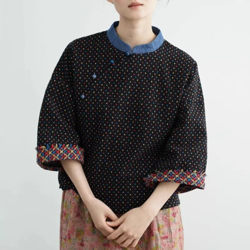 Johnature Women Vintage Cotton Shirts And Tops Polka Dot Stand Chinese Style Blouses 2025 Spring New Seven Sleeve Female Shirts