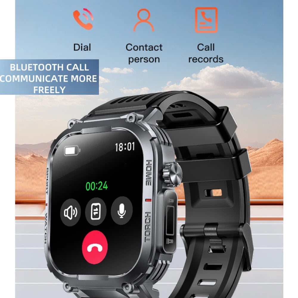New Outdoor Sports Blue Tooth Call Smartwatch Men Compass Health Monitor Strong Flashlight Smart Watches 3ATM Waterproof Clock