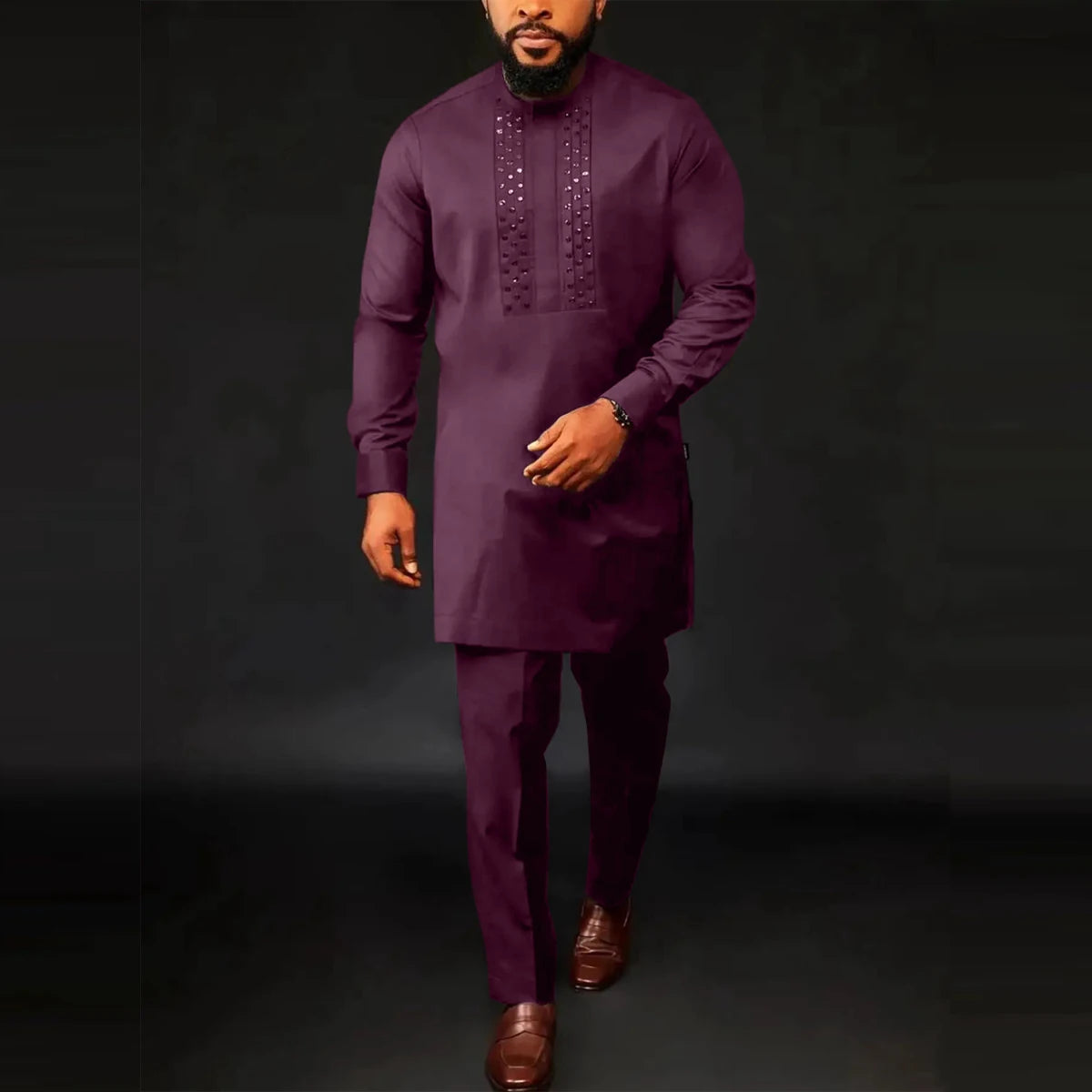 Kaftan Men's Suit African Ethnic Style Long Sleeve Solid Color Casual Suit Men's Traditional Clothing 2-piece Suit