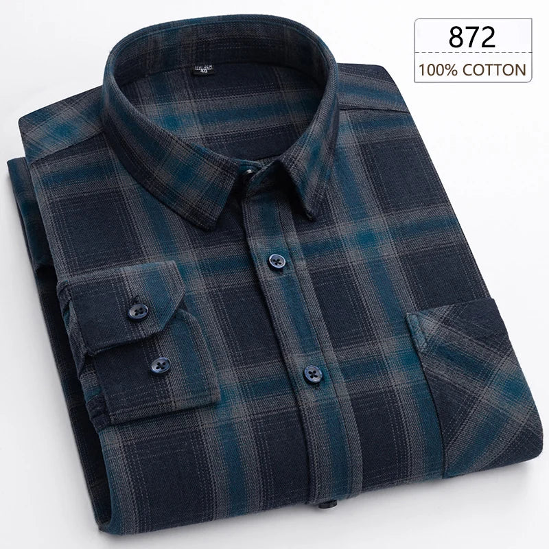 New Spring Long Sleeve Plaid Shirts For Men 100% Cotton Flannel Plus Size Easy care Confortable Top Casual Smart Dress Shirts