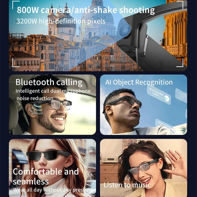 2026 New AI Smart Camera Glasses 800W Pixel HD Camera AI Object Recognition AI Language Assistant Bluetooth Call Smart Glasses