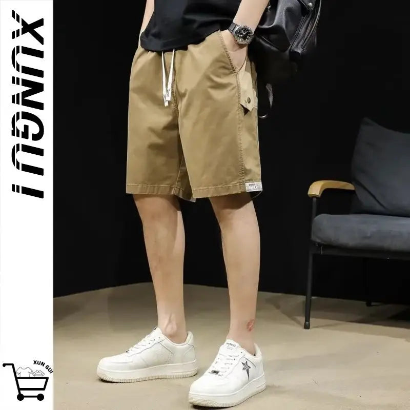 Khaki Casual Men Summer New Loose American Retro Thin Five-point Mid-size Trousers