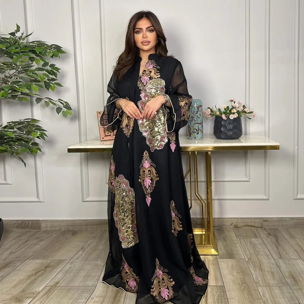Kaftan Muslim Abaya Clothes for Muslim Women Summer Fashion Muslim Women Long Sleeve V-neck Sequin Long Maxi Dress Dubai Abaya