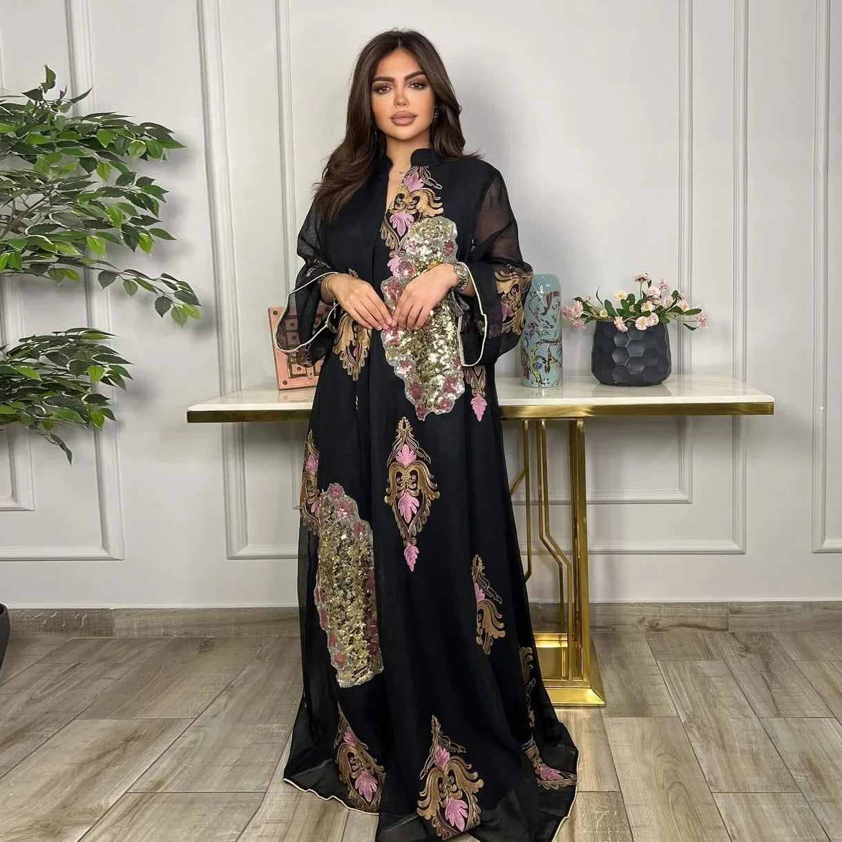 Kaftan Muslim Abaya Clothes for Muslim Women Summer Fashion Muslim Women Long Sleeve V-neck Sequin Long Maxi Dress Dubai Abaya
