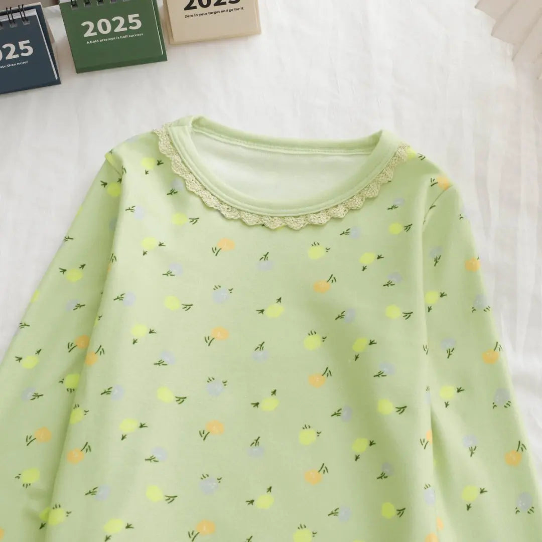 De Rong Thermal Autumn Clothing Set for Girls, Floral Loungewear, Long-Sleeved Top and Long Pants Set, Pajamas, New Spring and Autumn Two-Piece Trendy Set