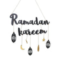 Ramadan Kareem Hanging Wooden Sign Islamic Holy Month Decor with Moon Star Lantern Pendants for Eid Wood Craft Home Decoration