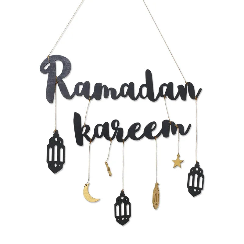 Ramadan Kareem Hanging Wooden Sign Islamic Holy Month Decor with Moon Star Lantern Pendants for Eid Wood Craft Home Decoration