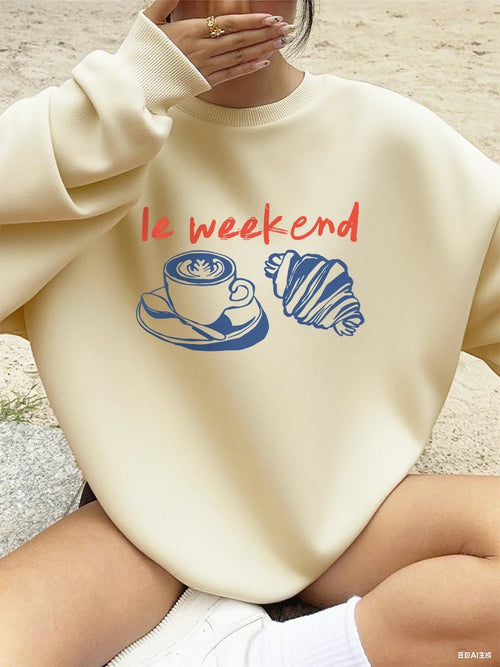 2025 Ie Weekend Coffee Bread Prints Sweatshirts Women Crewneck Basics Hoodies Warm Clothes Autumn Winter Casual Women Pullover