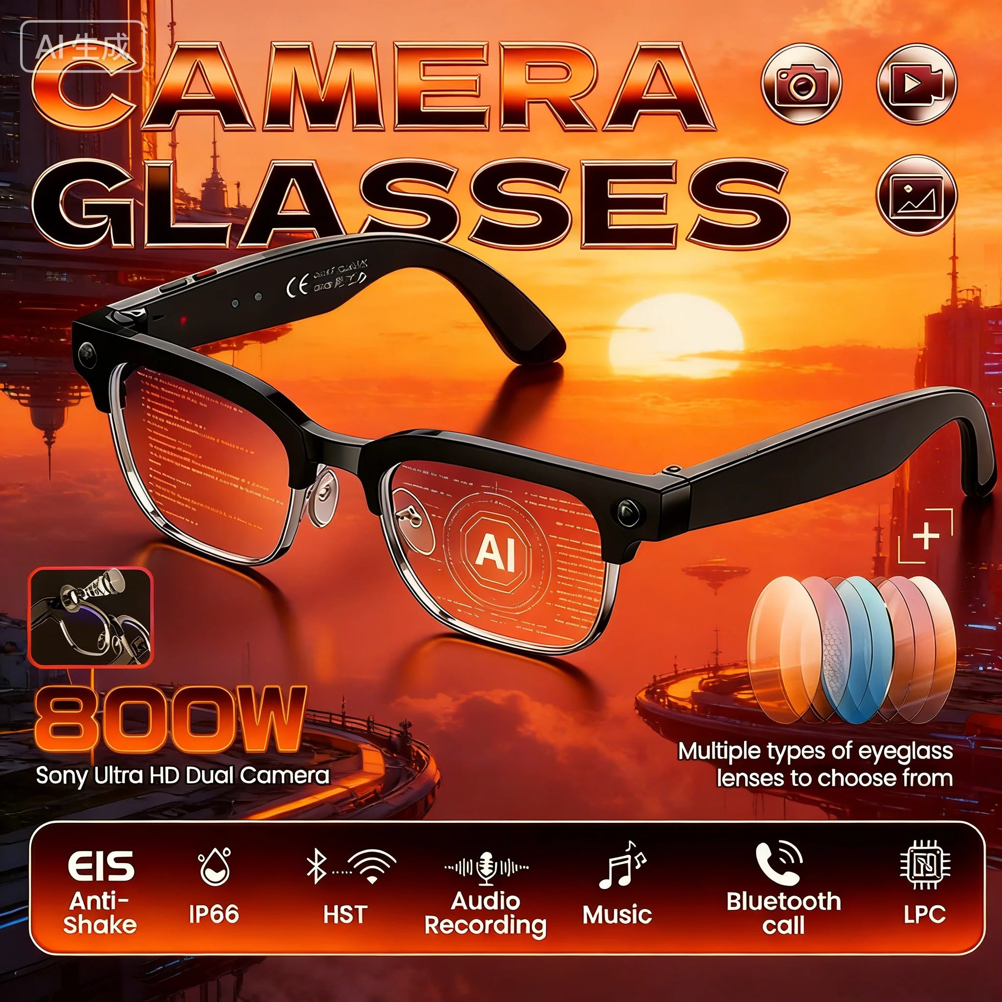 2026 AI Smart Glasses for Men And Women with 4K HD Camera 1080P Video 8MP 100+ Language Translation WiFi Bluetooth Call Sunglass