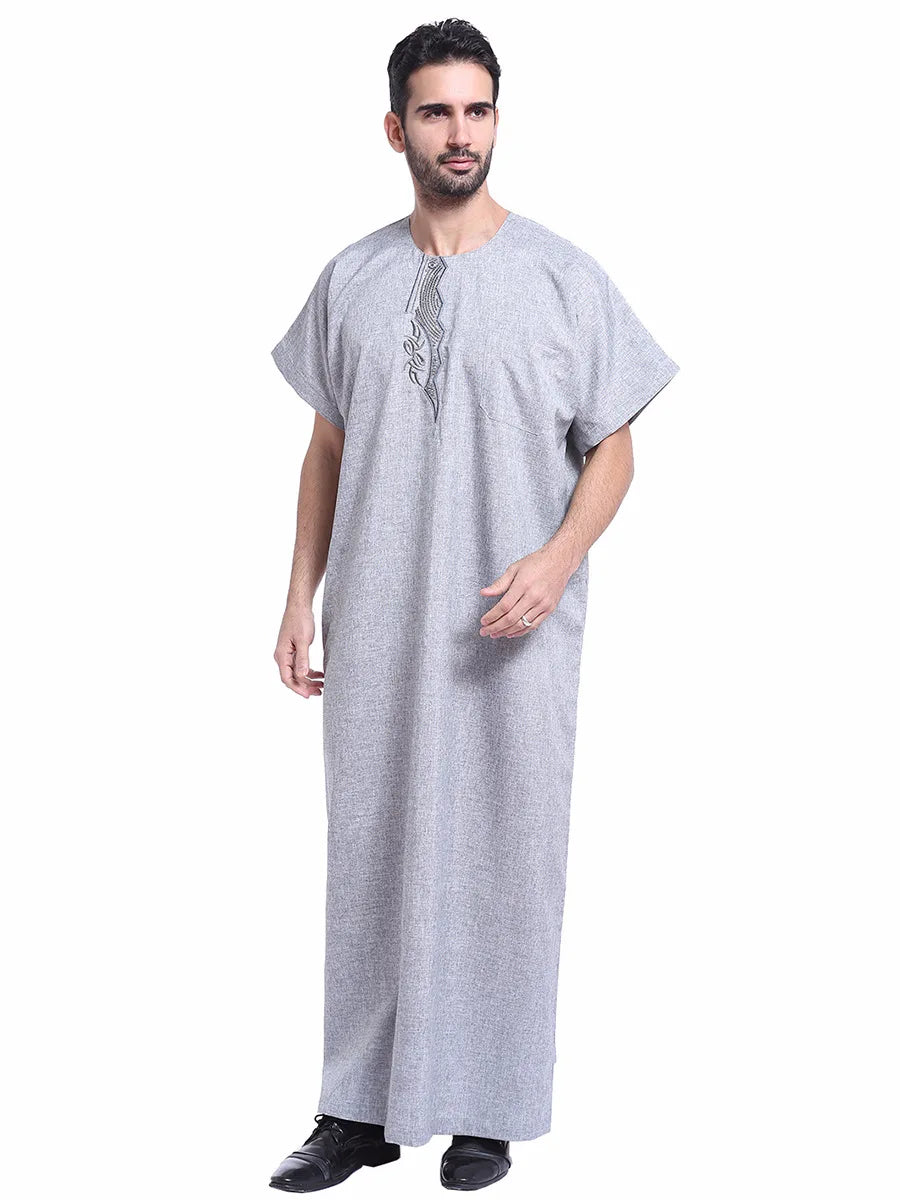 Muslim Kaftan for Men Round Collar Blue White Spring Elegant Robe Arab Vintage Long Sleeves Thobe Robe Turkey Embroidered