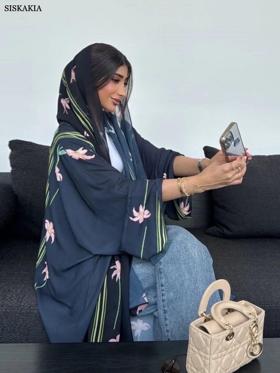 Siskakia Muslim Elegant Floral Print Women Open Abaya Mesh Hijab included Long Sleeve Kaftans