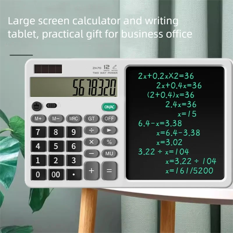 Desktop office calculator; Financial accounting; School office; Teacher student writing draft memo; Handwriting board computer.