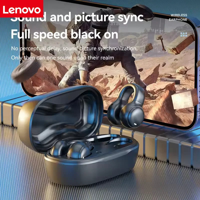 Lenovo Mirror Surface Digital Display Soft Silicone Ear Clip Wireless Bluetooth Headphones with Noise Reduction for Sports