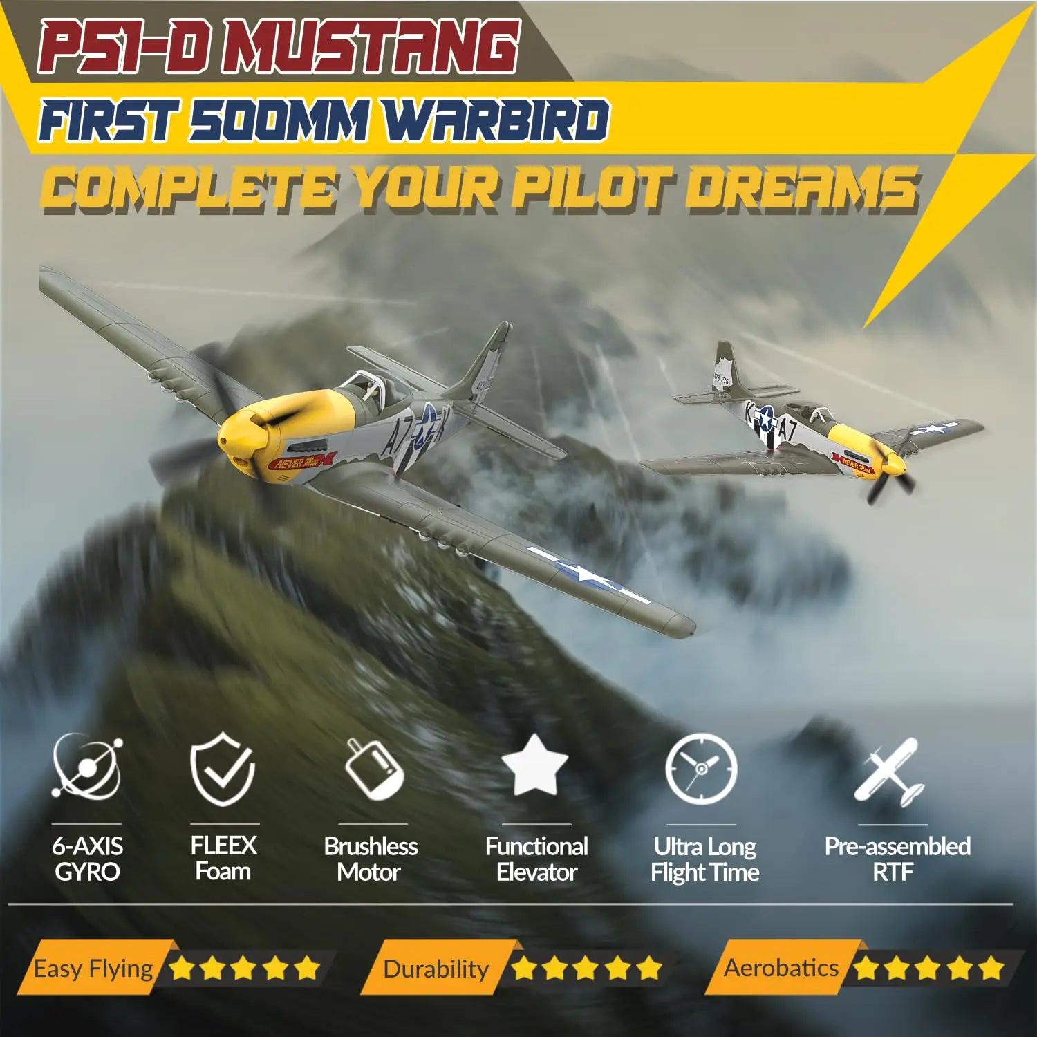 RC Plane 5CH 3D/6G Fixed-wing RC Airplane 2.4GHz P51D Mustang RTF for Adults Beginners Easy to Fly Removable Brushless Fighter