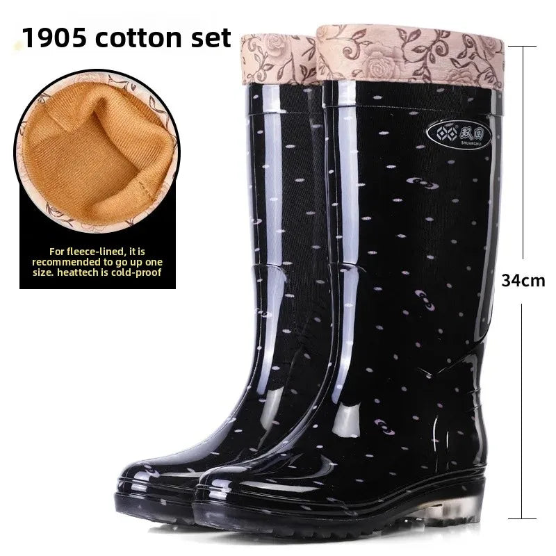 Anti-Slip High-Tube Crystal Flower Ladies Rain Boots PVC Material Kitchen Dining Hall Cleaning Fashionable Water Shoes