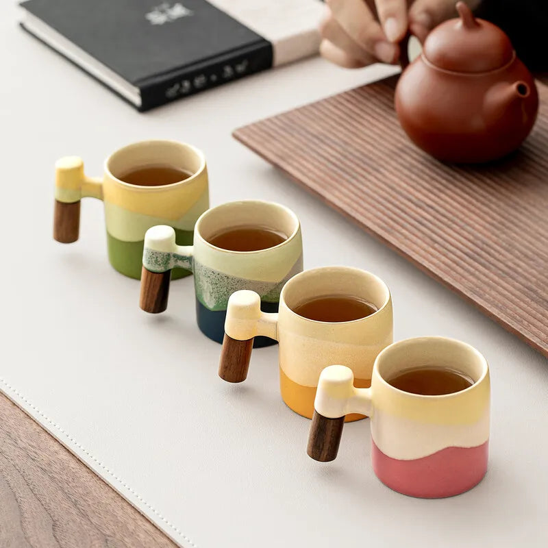 70ml Ceramic Coffee Cup with Wooden Handle - Vintage Kiln-Fired Style, Reusable, Hand Wash Only, Suitable for Office and Home Use, Perfect Birthday Gift, Coffee Bar Accessory, Espresso Cup, Coffee Mug